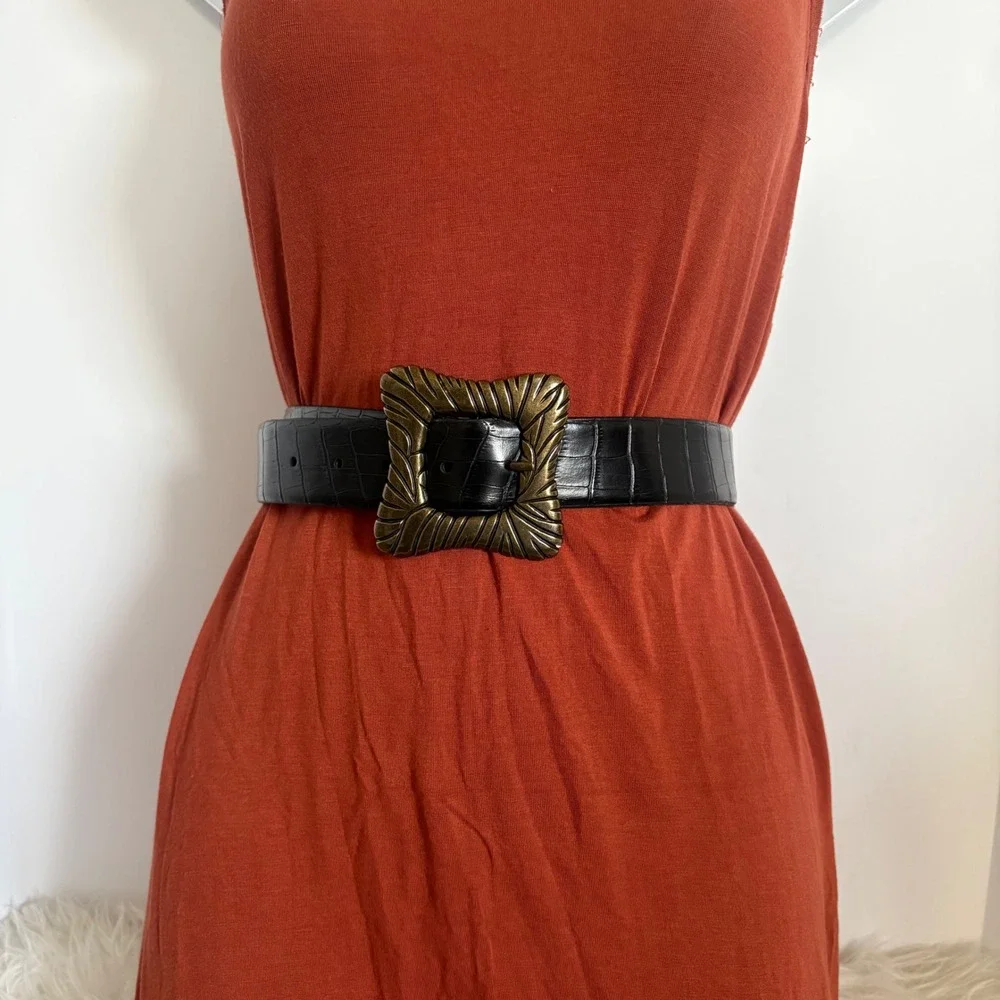 Adrienne Landau Studio Black Croc‎ Embossed Leather Belt Bronze Buckle Size L
